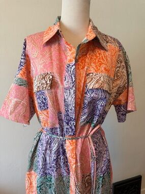 entro Multicolor Patchwork Paisley Midi shirt Dress in Pink, Orange & Purple.